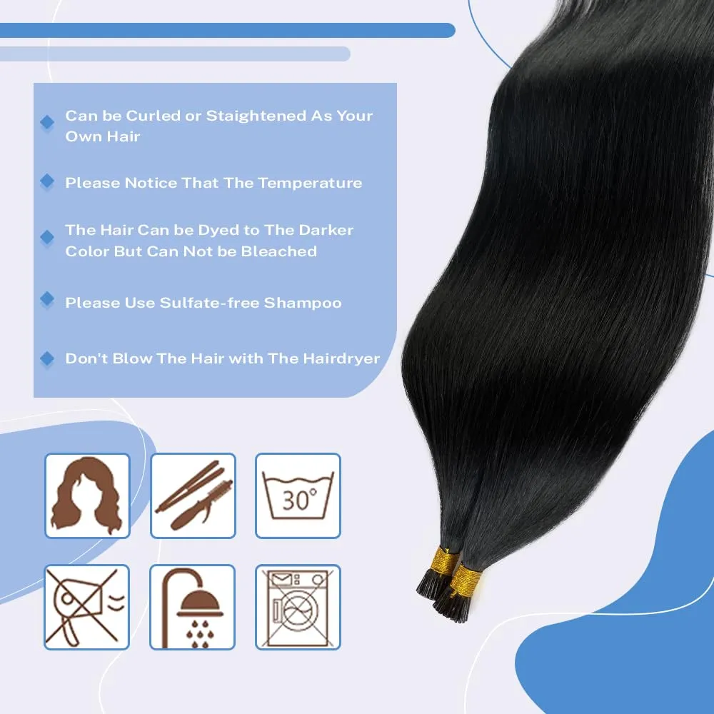 #1 Black I Tip Hair Extensions Human Hair 14 Inch Keratin Tip Hair Extensions Jet Black Real Human Hair Silky Straight Pre Bonded I Tip Extensions for Women 50G 100Strands Microlink Hair Piece