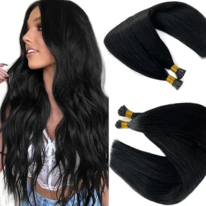 #1 Black I Tip Hair Extensions Human Hair 14 Inch Keratin Tip Hair Extensions Jet Black Real Human Hair Silky Straight Pre Bonded I Tip Extensions for Women 50G 100Strands Microlink Hair Piece