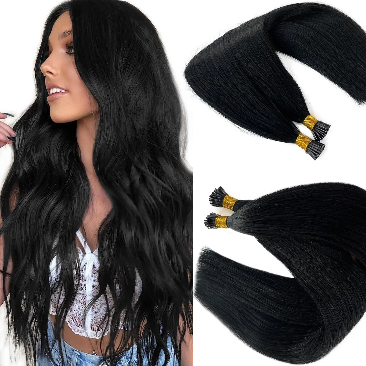 #1 Black I Tip Hair Extensions Human Hair 14 Inch Keratin Tip Hair Extensions Jet Black Real Human Hair Silky Straight Pre Bonded I Tip Extensions for Women 50G 100Strands Microlink Hair Piece