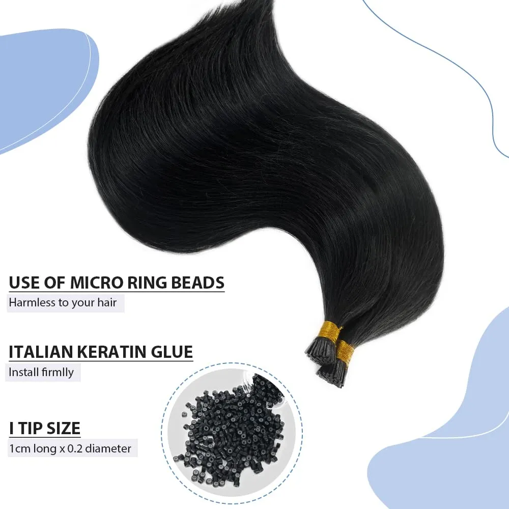 #1 Black I Tip Hair Extensions Human Hair 14 Inch Keratin Tip Hair Extensions Jet Black Real Human Hair Silky Straight Pre Bonded I Tip Extensions for Women 50G 100Strands Microlink Hair Piece