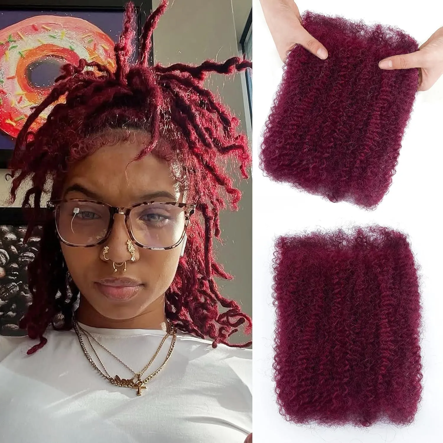 10 Inch Afro Kinkys Bulk Human Hair for Repair Locs,100% Real Human Hair for Mini Twist Burgundy Human Kinkyhair for Twist