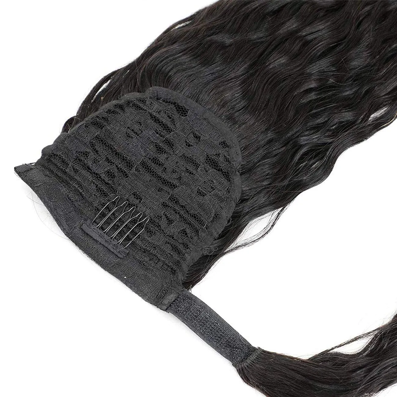 100% Real Human Hair Ponytail Wrap Around Hair Extensions Water Wave, Magic Paste Natural Wavy Deep Curly Ponytail for Black Women (14 Inch)