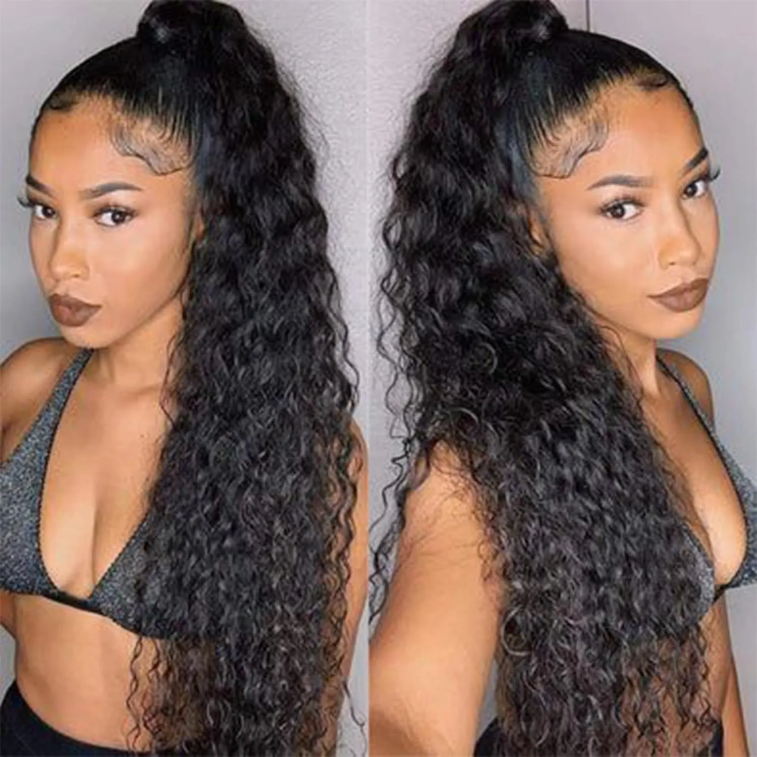 100% Real Human Hair Ponytail Wrap Around Hair Extensions Water Wave, Magic Paste Natural Wavy Deep Curly Ponytail for Black Women (14 Inch)