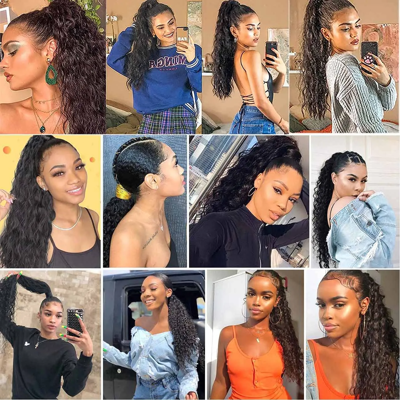 100% Real Human Hair Ponytail Wrap Around Hair Extensions Water Wave, Magic Paste Natural Wavy Deep Curly Ponytail for Black Women (14 Inch)