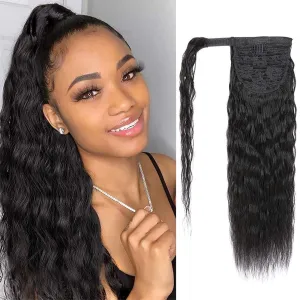 100% Real Human Hair Ponytail Wrap Around Hair Extensions Water Wave, Magic Paste Natural Wavy Deep Curly Ponytail for Black Women (14 Inch)
