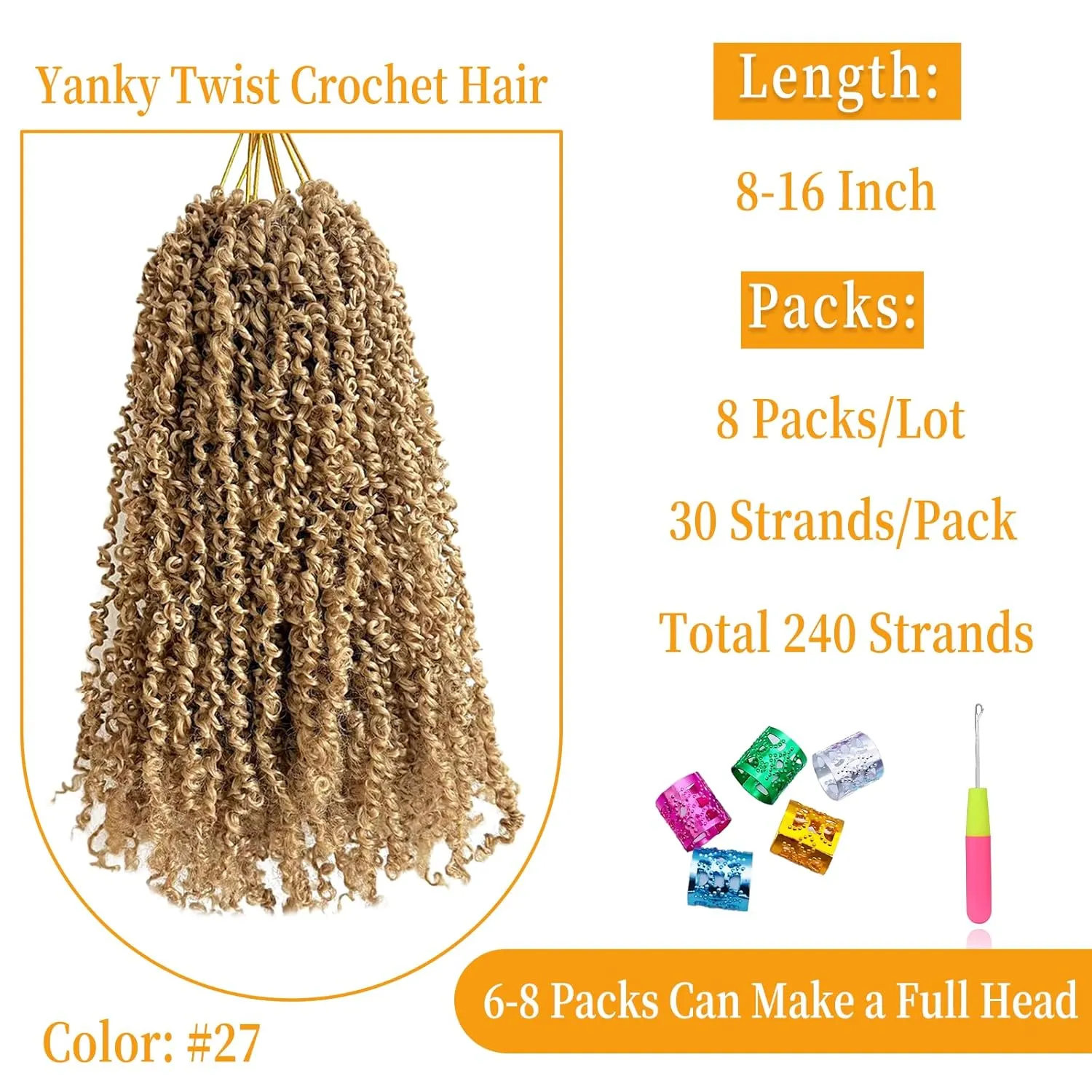 12 Inch Pre-Looped Yanky Twist Crochet Hair, 30 Strands/Pc, Mini Passion Twists, Senegalese Braiding Hair (27#, 8 Pcs/Pack)
