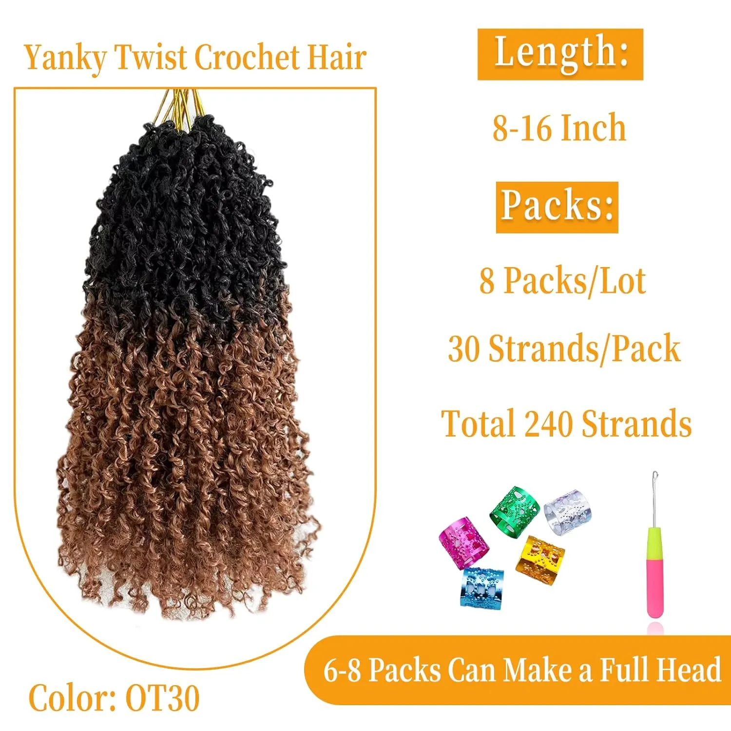 12 Inch Pre-Looped Yanky Twist Crochet Hair, 30 Strands/Pc, Mini Passion Twists, Senegalese Braiding Hair (OT30, 8 Pcs/Pack)
