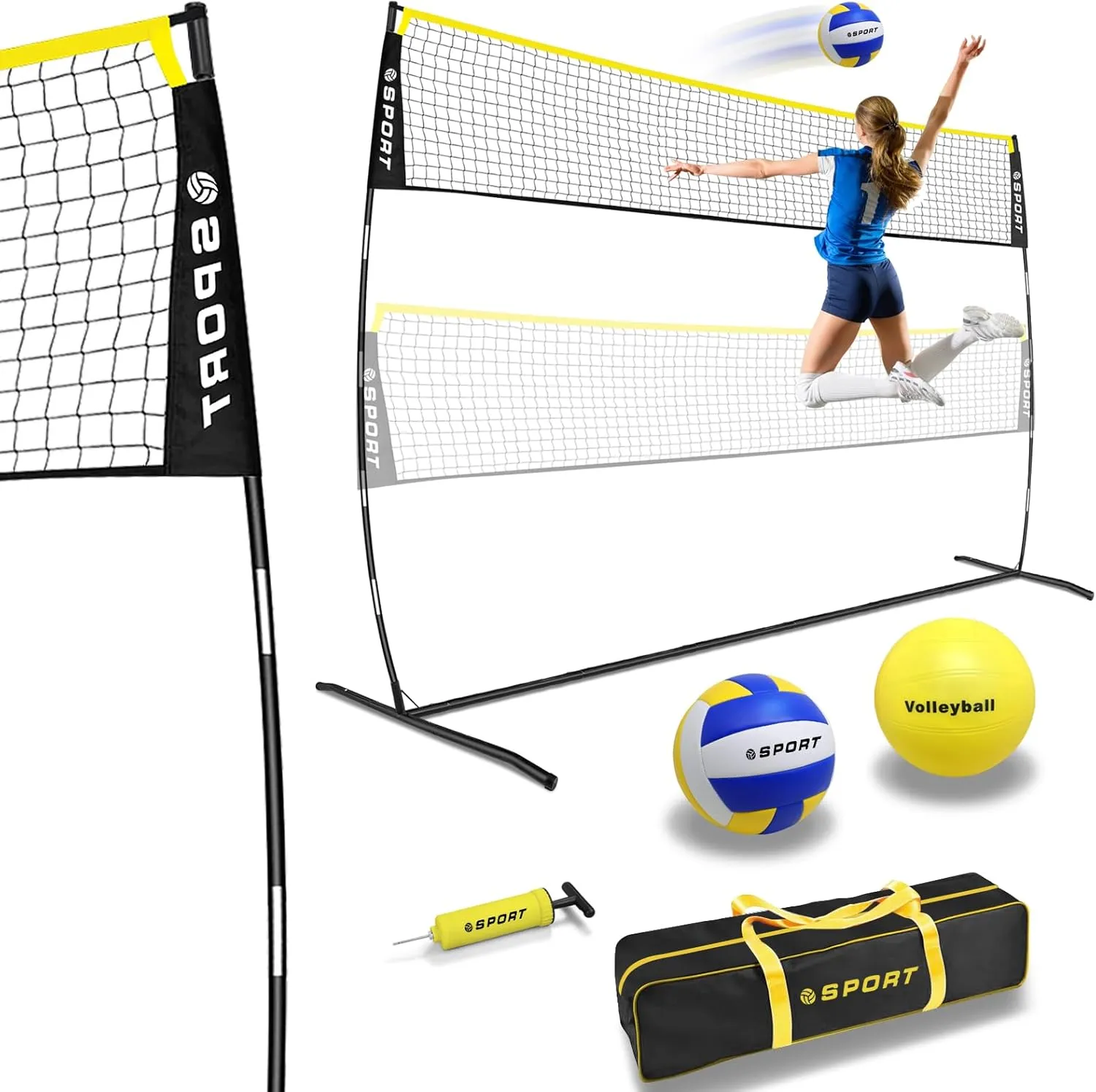 12FT Portable Volleyball Training Net Equipment Set with 2 Volleyball,Pump and Carry Bag.Outdoor/Indoor Freestanding Volleyball Practice Net 3 Adjustable Height for Backyard,Driveway,Beach