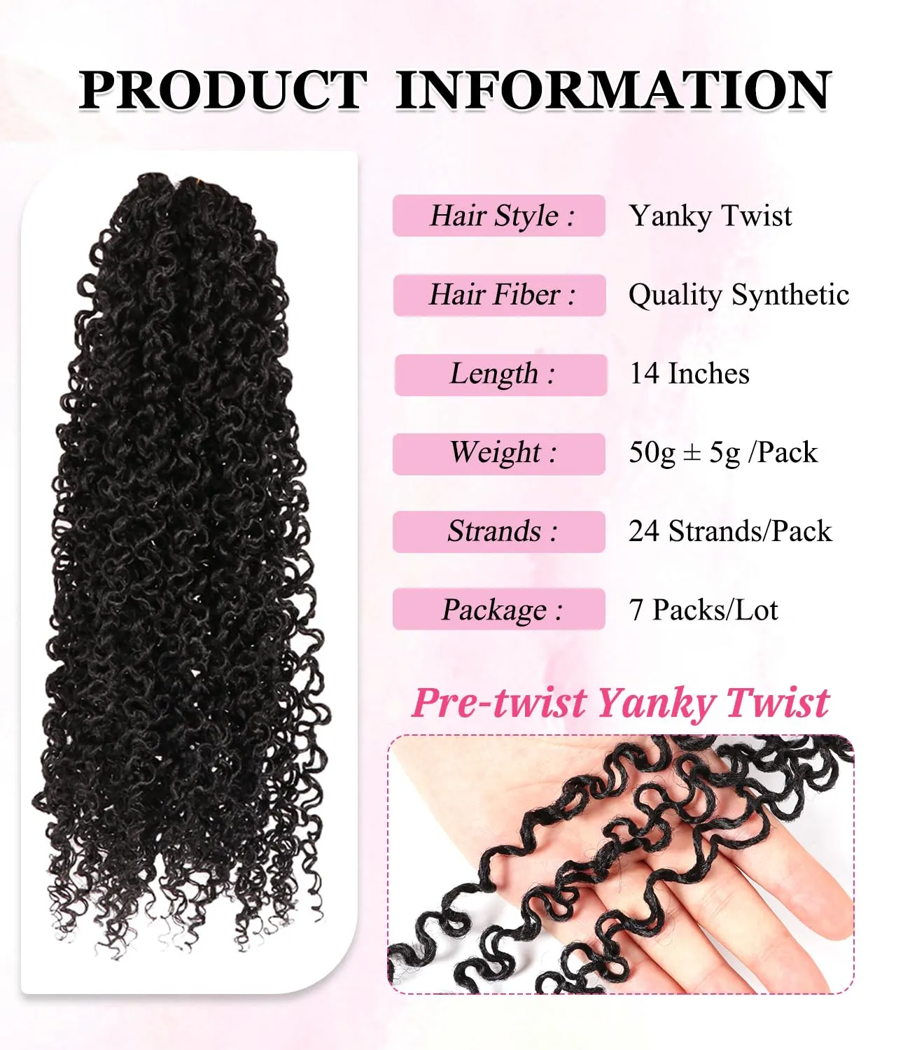 14 Inch 7 Packs Pre Twisted Yanky Twist Crochet Hair with Curls Natural Black Pre Looped Yanky Twist Hair Synthetic Spring Twist Crochet Hair for Women (1B, 14 Inch (Pack of 7))