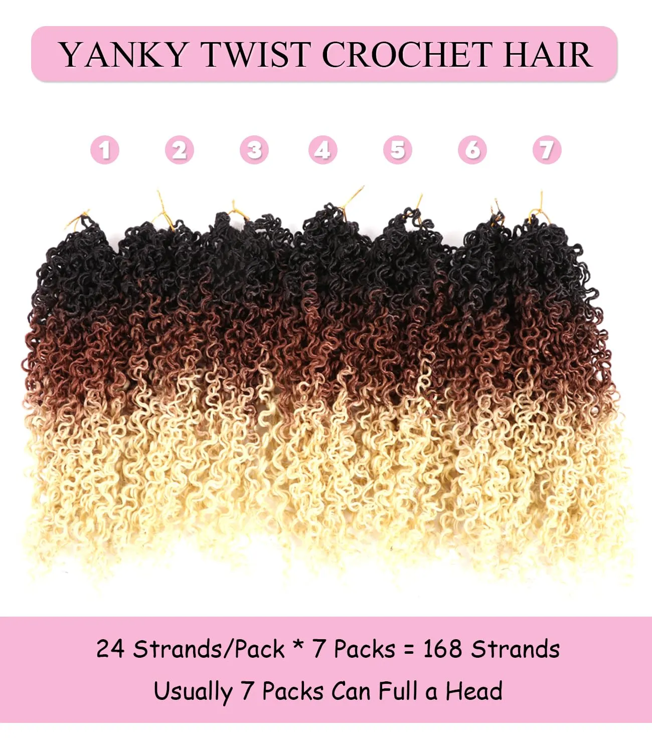 14 Inch Yanky Twist Crochet Hair Pre-looped 7 Packs Yankee Twist Hair Brown Senegalese Twists Crochet Hair with Curly Ends Synthetic Crochet Braids (T1B/27/613, 14 Inch (Pack of 7))