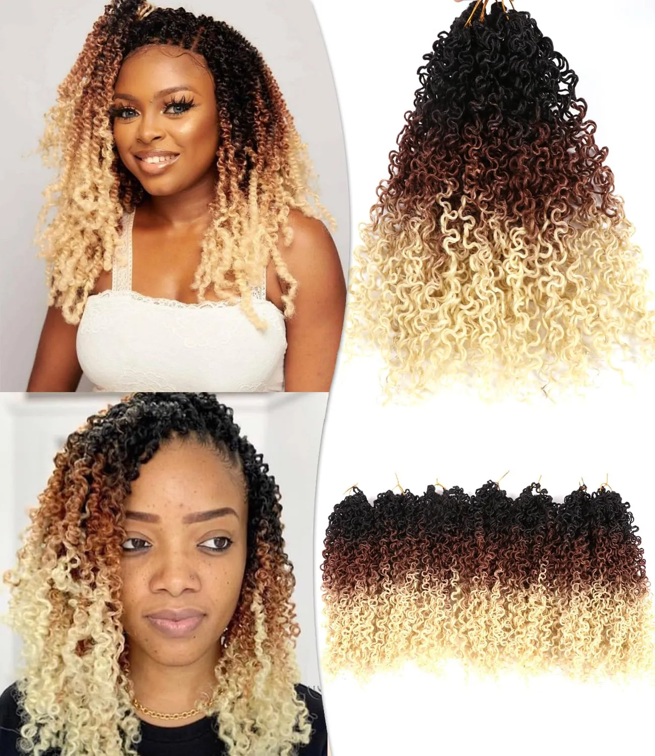 14 Inch Yanky Twist Crochet Hair Pre-looped 7 Packs Yankee Twist Hair Brown Senegalese Twists Crochet Hair with Curly Ends Synthetic Crochet Braids (T1B/27/613, 14 Inch (Pack of 7))