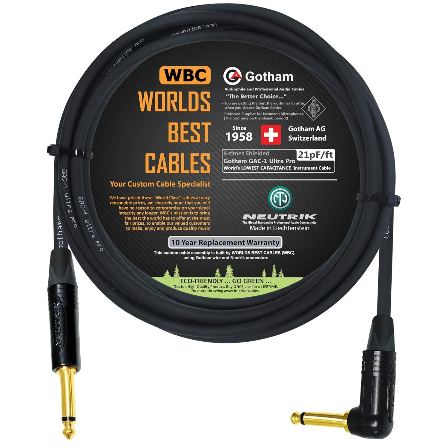 15 Foot - Gotham GAC-1 Ultra Pro - Premium Low-Cap (21 pf/F) Guitar Bass Instrument Cable – w/Neutrik Gold Straight to Angled ¼ inch (6.35mm) TS Connectors - Custom Made by WORLDS BEST CABLES