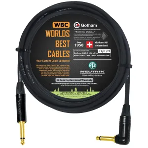 15 Foot - Gotham GAC-1 Ultra Pro - Premium Low-Cap (21 pf/F) Guitar Bass Instrument Cable – w/Neutrik Gold Straight to Angled ¼ inch (6.35mm) TS Connectors - Custom Made by WORLDS BEST CABLES