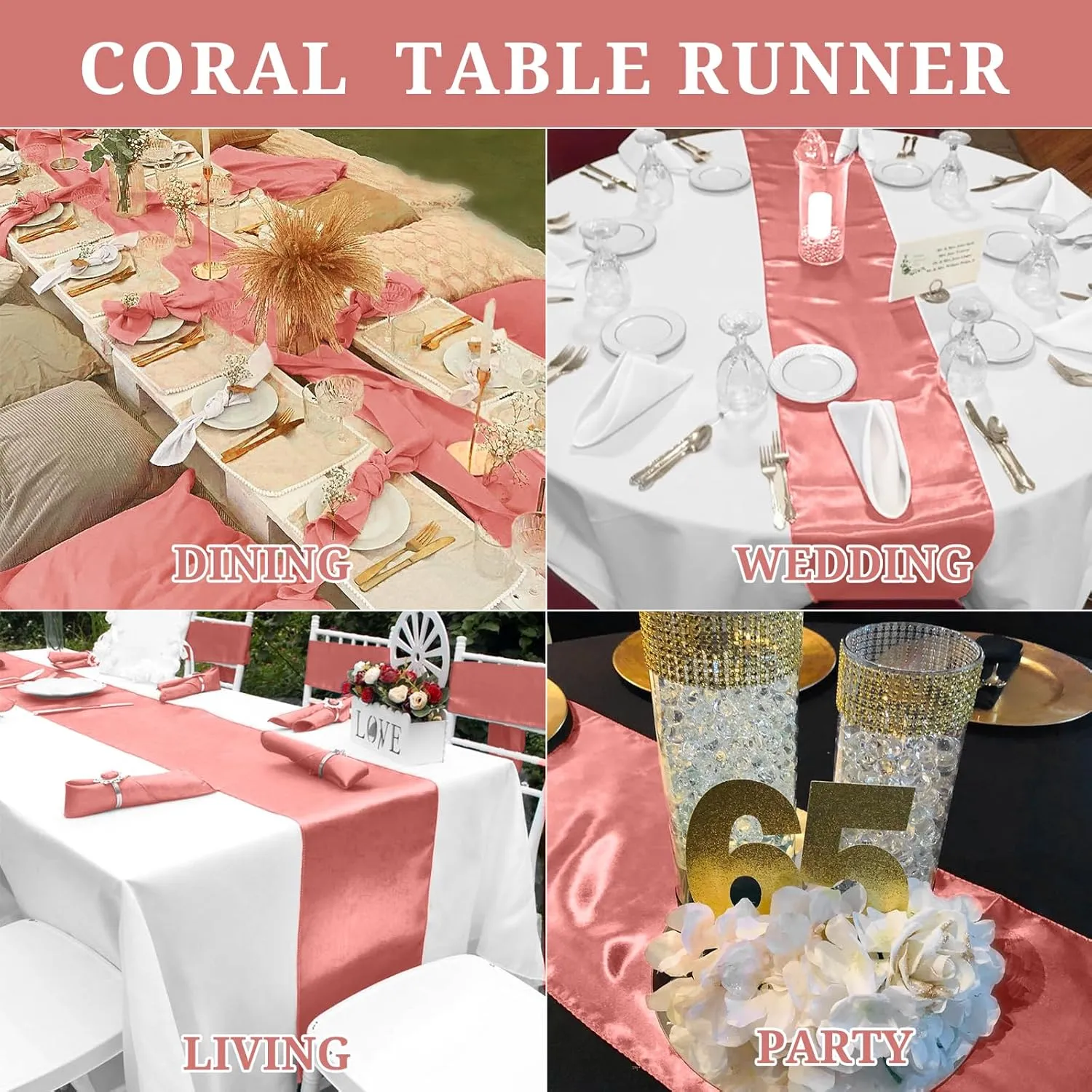 15 Pack Coral Satin Table Runners 12 x 108 Inch Long Table Runners for Rectangle Round Tables, Smooth Satin Table Runner for Wedding,Birthday Party Banquets Graduation Engagements Decoration