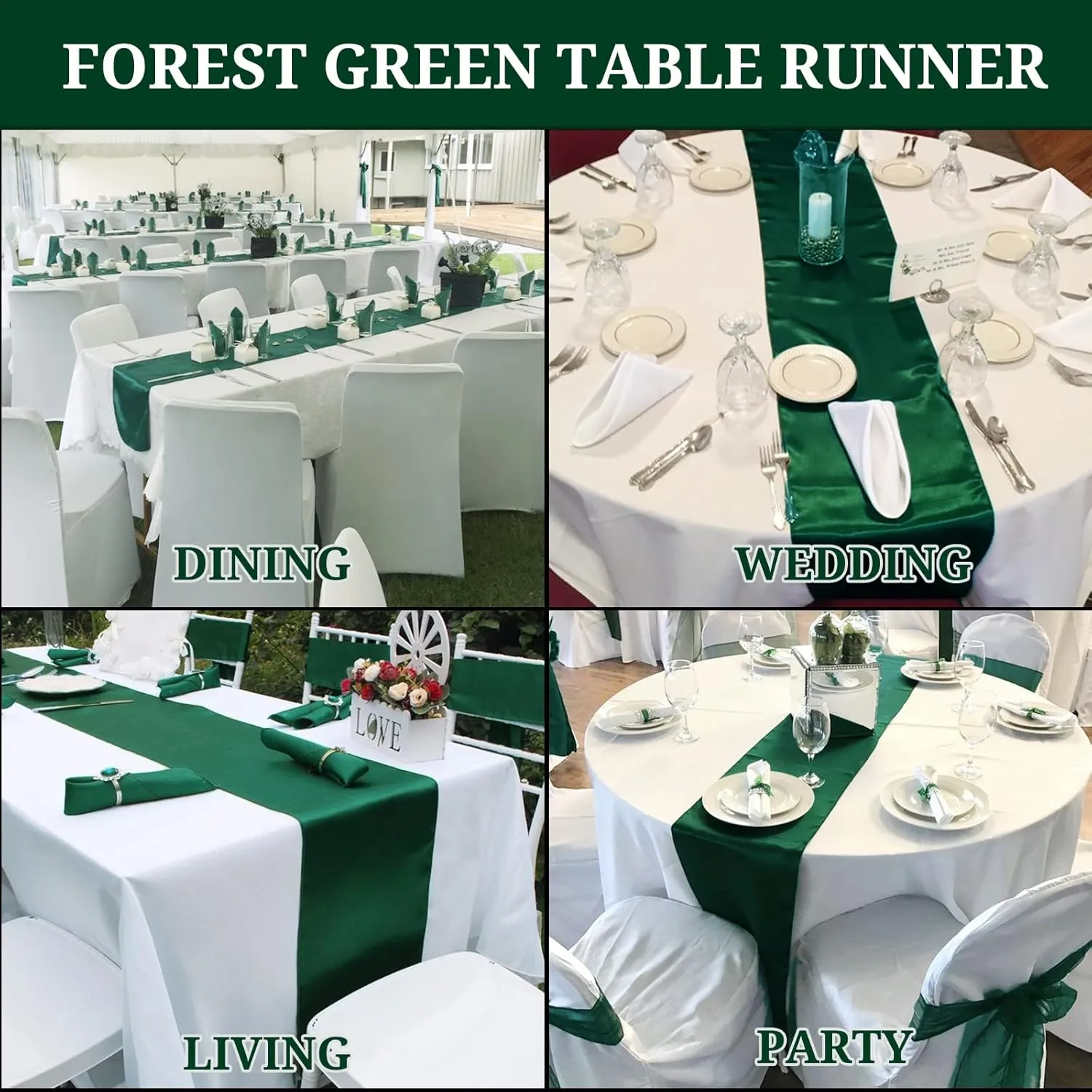 15 Pack Satin Table Runners Forest Green 12 x 108 Inch Long Table Runners for Rectangle Round Tables,Smooth Table Runner for Wedding, Birthday Party Banquets Graduation Engagements Decoration