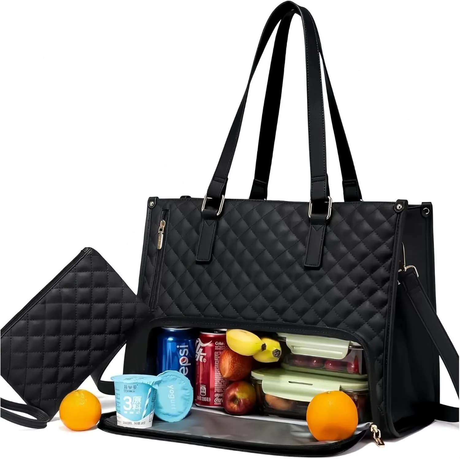 15.6" Quilted Laptop Lunch Tote Set w/Insulated Food Pocket & Matching Wallet-Office Travel Organizer for Professionals