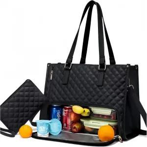 15.6" Quilted Laptop Lunch Tote Set w/Insulated Food Pocket & Matching Wallet-Office Travel Organizer for Professionals