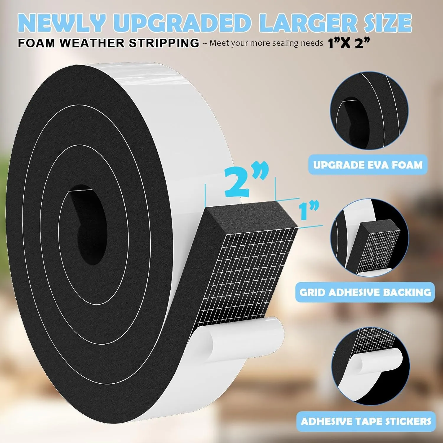 1"×2" EVA Foam Strips with Adhesive Weather Stripping Tape Larger Foam Weather Stripping Strip for Large Gap Insulation (1"×2",13FT,Black)