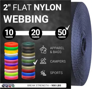 2 Inch Heavy Duty Nylon Webbing Strap Roll for Belt, Backpack, Sling, Collar, Leash, Strapping and More, 10, 20, or 50 Yards, Over 20 Colors