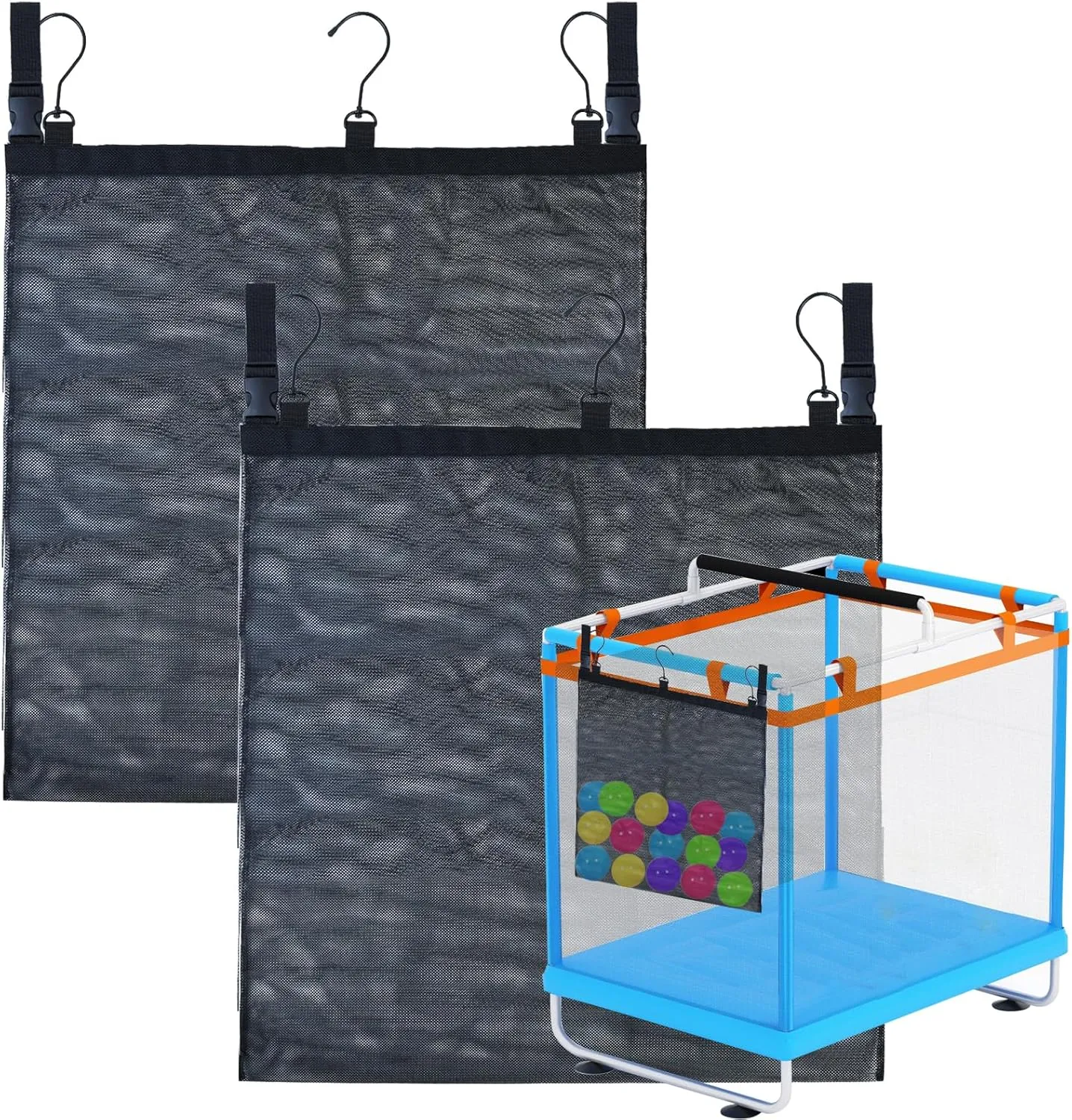 2 Pack Mesh Side Pouch for Pool Storage Bin, Large 23.6*23.6" Mesh Bag Net Storage Bag Hanging Bags Expandable Organizer Bag with Hooks for Above Ground Pool Accessories, Beach Toys, Outdoor Supplies