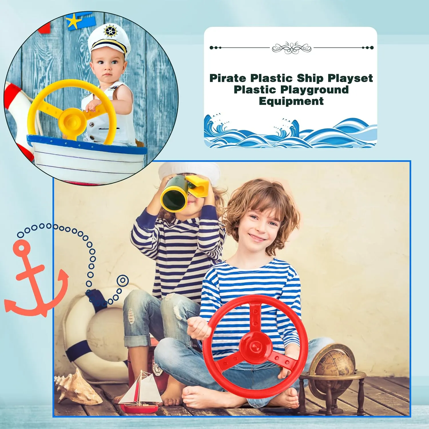 2 Pack Steering Wheel Playset Plastic Pirate Ships Wheel with Mounting Tools for Kids Playground Outdoor Gym (Yellow, Red)