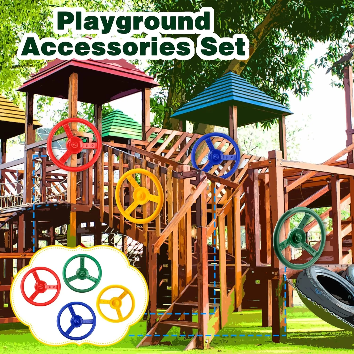 2 Pack Steering Wheel Playset Plastic Pirate Ships Wheel with Mounting Tools for Kids Playground Outdoor Gym(Green,Blue)