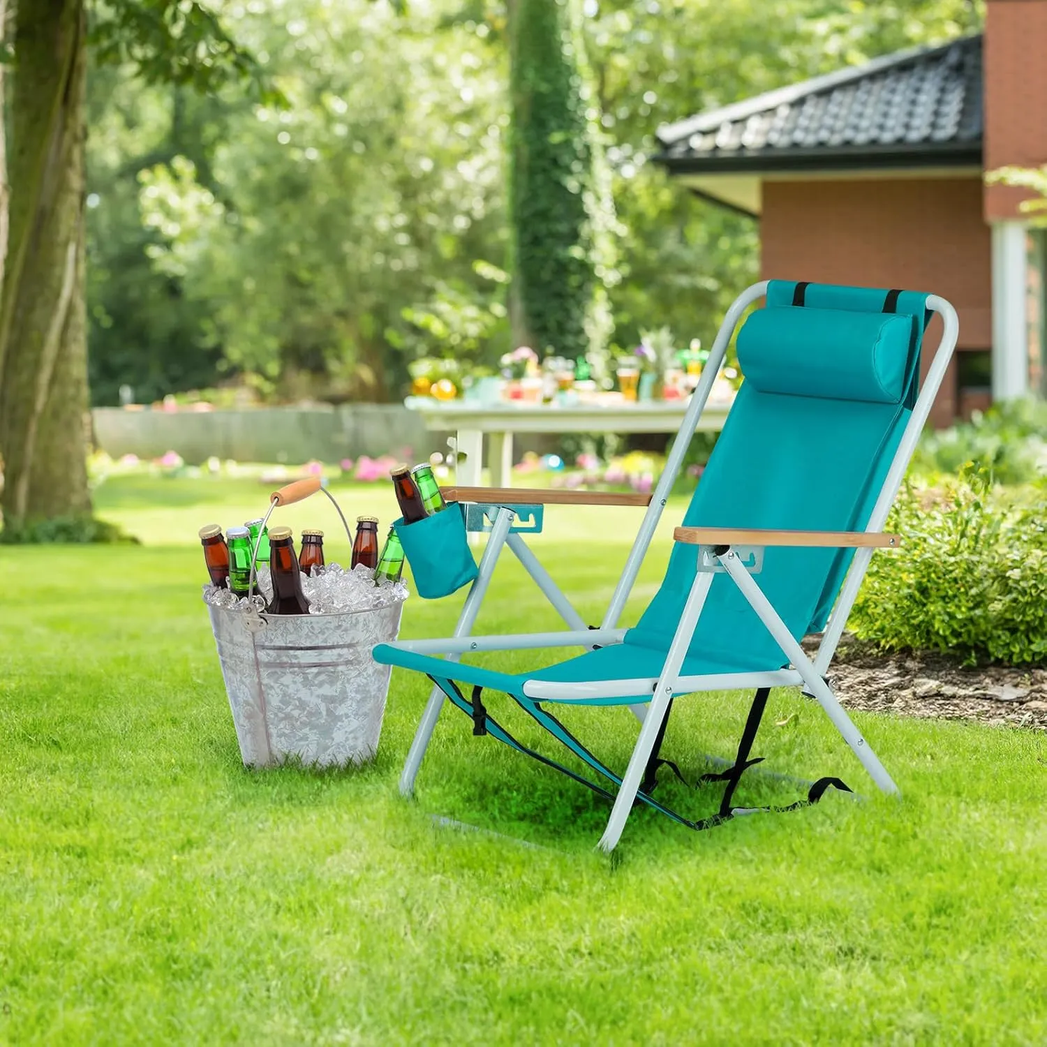 2 Packs Folding Backpack Beach Chair with 4 Positions, Outdoor Portable Camping Lawn Chair with Cup Holder and Storage Pouch, Green