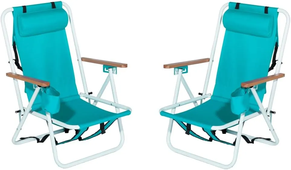 2 Packs Folding Backpack Beach Chair with 4 Positions, Outdoor Portable Camping Lawn Chair with Cup Holder and Storage Pouch, Green
