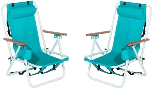2 Packs Folding Backpack Beach Chair with 4 Positions, Outdoor Portable Camping Lawn Chair with Cup Holder and Storage Pouch, Green