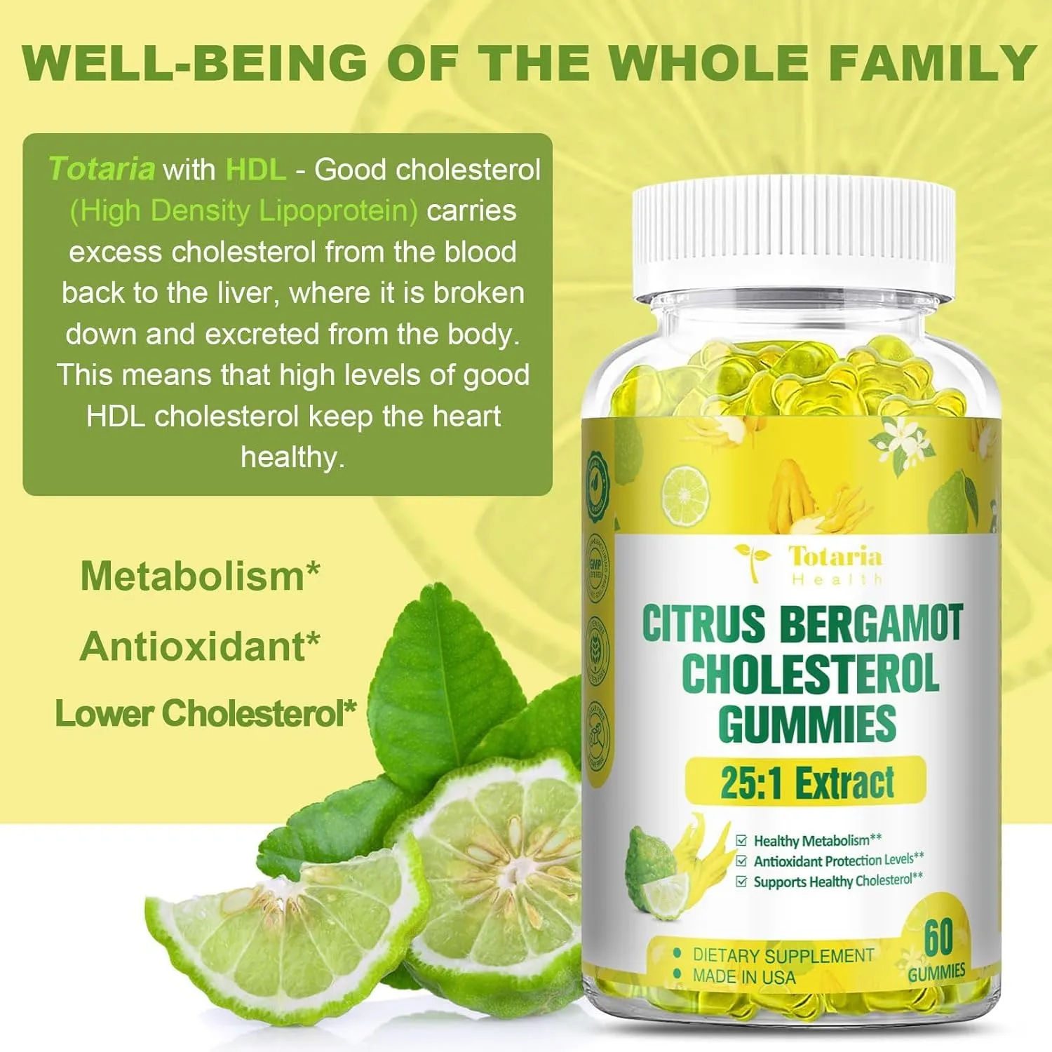 (2 Packs) Sugar Free Citrus Bergamot Gummies for Healthy Cholesterol - All Natural Supplements 25:1 Extract From Italy Bergamot Supplement for Immune Support Healthy Anti-Aging Sugar-Free Vegan Pectin