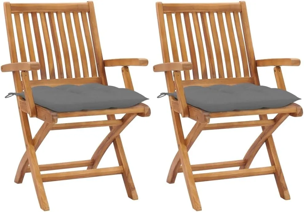 2 Pcs Foldable Patio Chairs with Gray Cushions Solid Teak Wood Outdoor Furniture for Lawn Garden Backyard Porch Deck Balcony