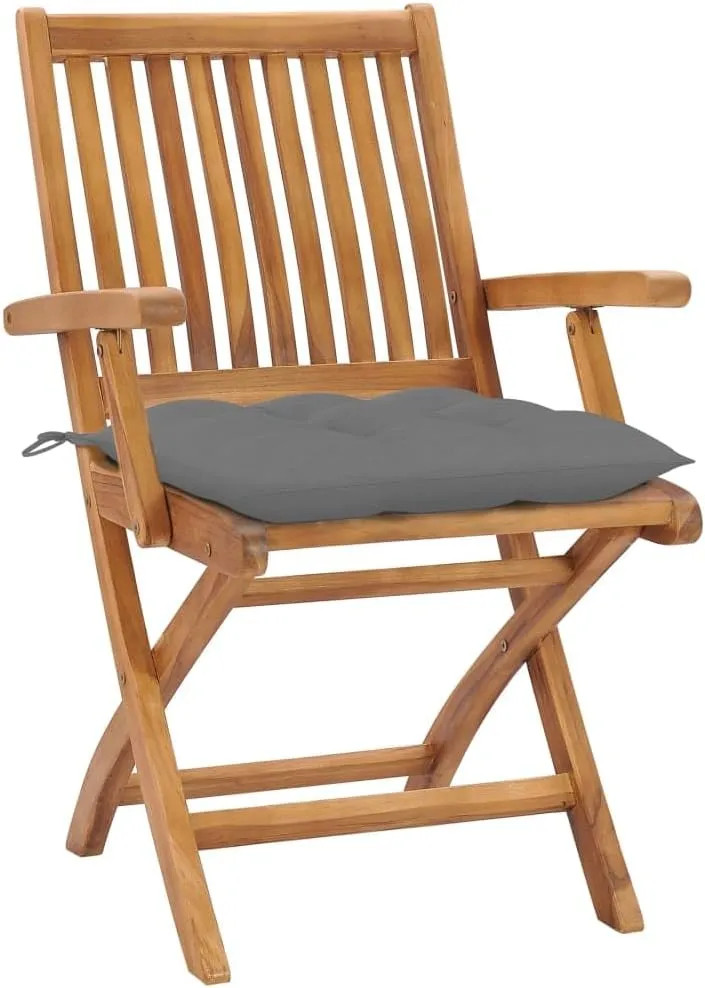 2 Pcs Foldable Patio Chairs with Gray Cushions Solid Teak Wood Outdoor Furniture for Lawn Garden Backyard Porch Deck Balcony