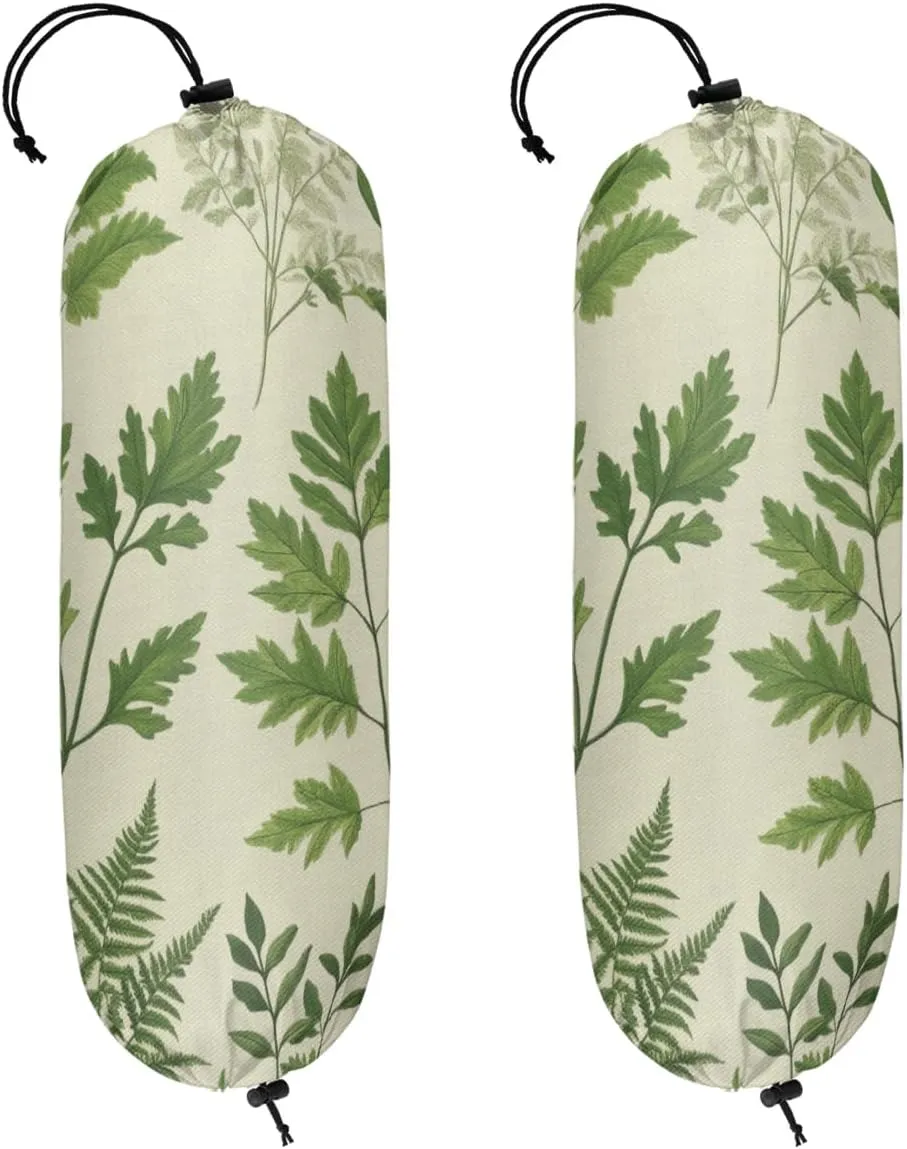 2 Pcs Green Fern Plastic Bag Holder Spring Grass Grocery Bag Storage Dispenser Washable Hanging Shopping Bags Carrier Wall Mount Trash Bag Organizer for Kitchen Pantry
