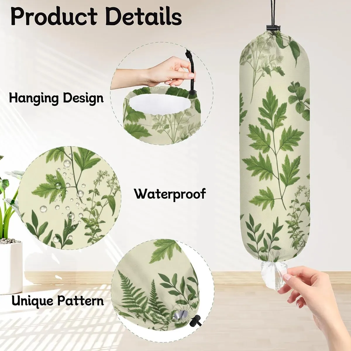 2 Pcs Green Fern Plastic Bag Holder Spring Grass Grocery Bag Storage Dispenser Washable Hanging Shopping Bags Carrier Wall Mount Trash Bag Organizer for Kitchen Pantry