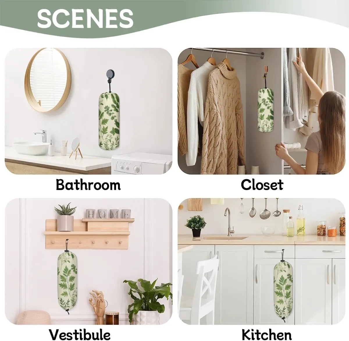2 Pcs Green Fern Plastic Bag Holder Spring Grass Grocery Bag Storage Dispenser Washable Hanging Shopping Bags Carrier Wall Mount Trash Bag Organizer for Kitchen Pantry