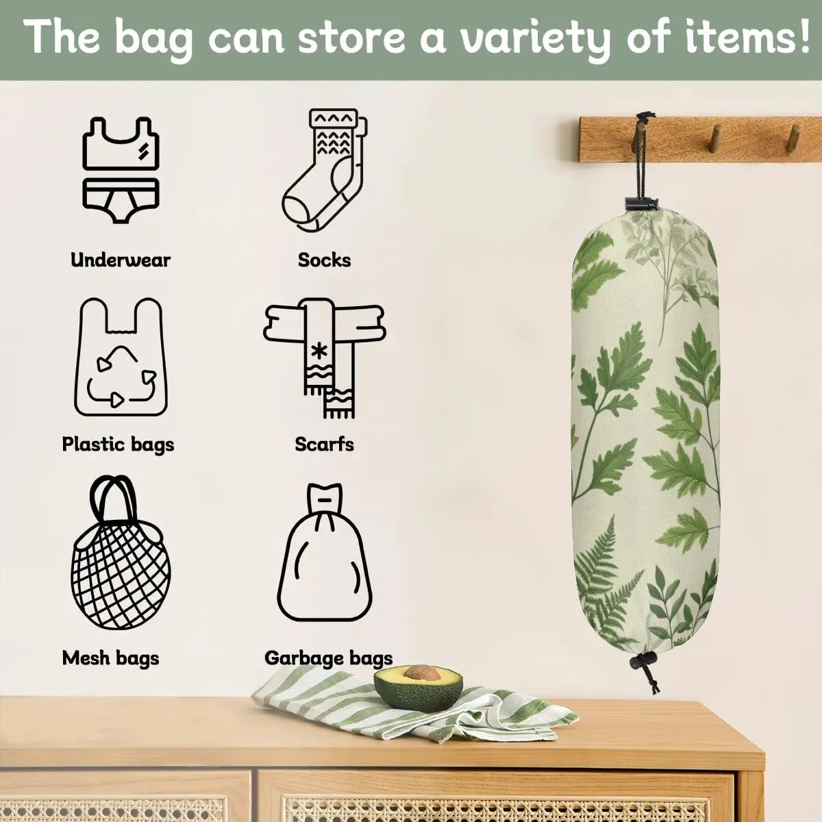 2 Pcs Green Fern Plastic Bag Holder Spring Grass Grocery Bag Storage Dispenser Washable Hanging Shopping Bags Carrier Wall Mount Trash Bag Organizer for Kitchen Pantry