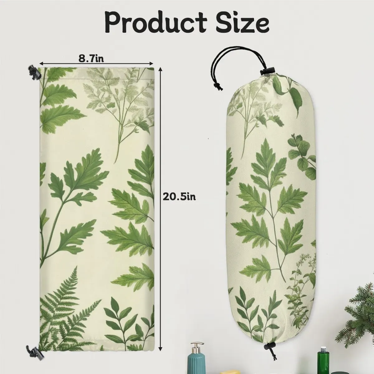 2 Pcs Green Fern Plastic Bag Holder Spring Grass Grocery Bag Storage Dispenser Washable Hanging Shopping Bags Carrier Wall Mount Trash Bag Organizer for Kitchen Pantry