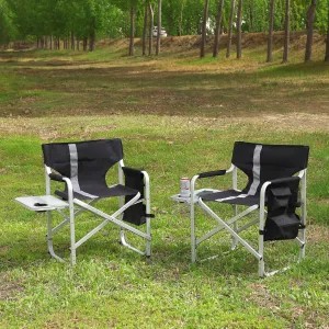 2-Piece,Lightweight Oversized Outdoor Chair,Padded Folding Chair with Side Table and Storage Pockets for Indoor,Outdoor Camping,Picnics,Fishing,Black  Gray