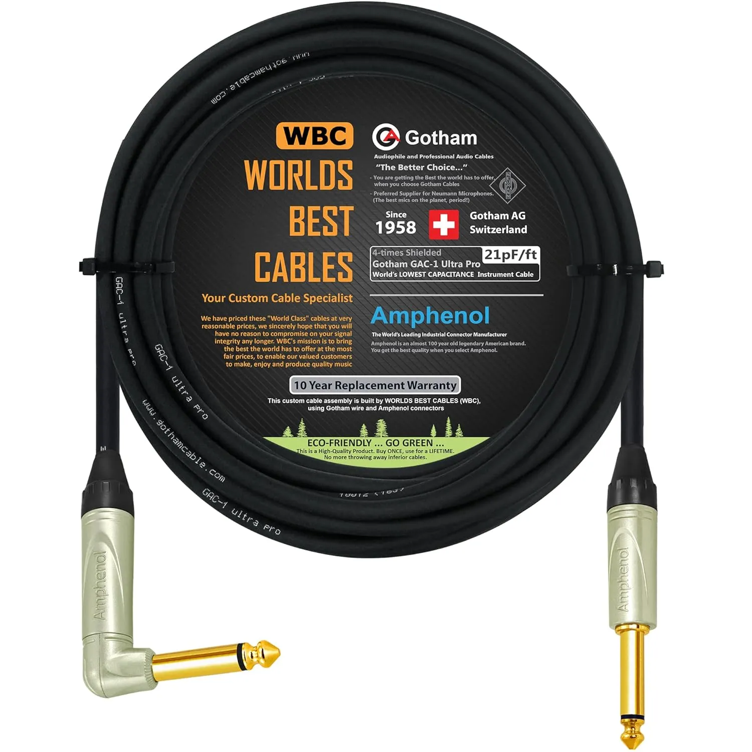 20 Foot - Gotham GAC-1 Ultra Pro (Black) - Premium, Low-Capacitance (21 pf/F) Guitar Bass Instrument Cable - Amphenol QM2R-AU & QM2P-AU ¼ Inch (6.35mm) Gold TS Connectors