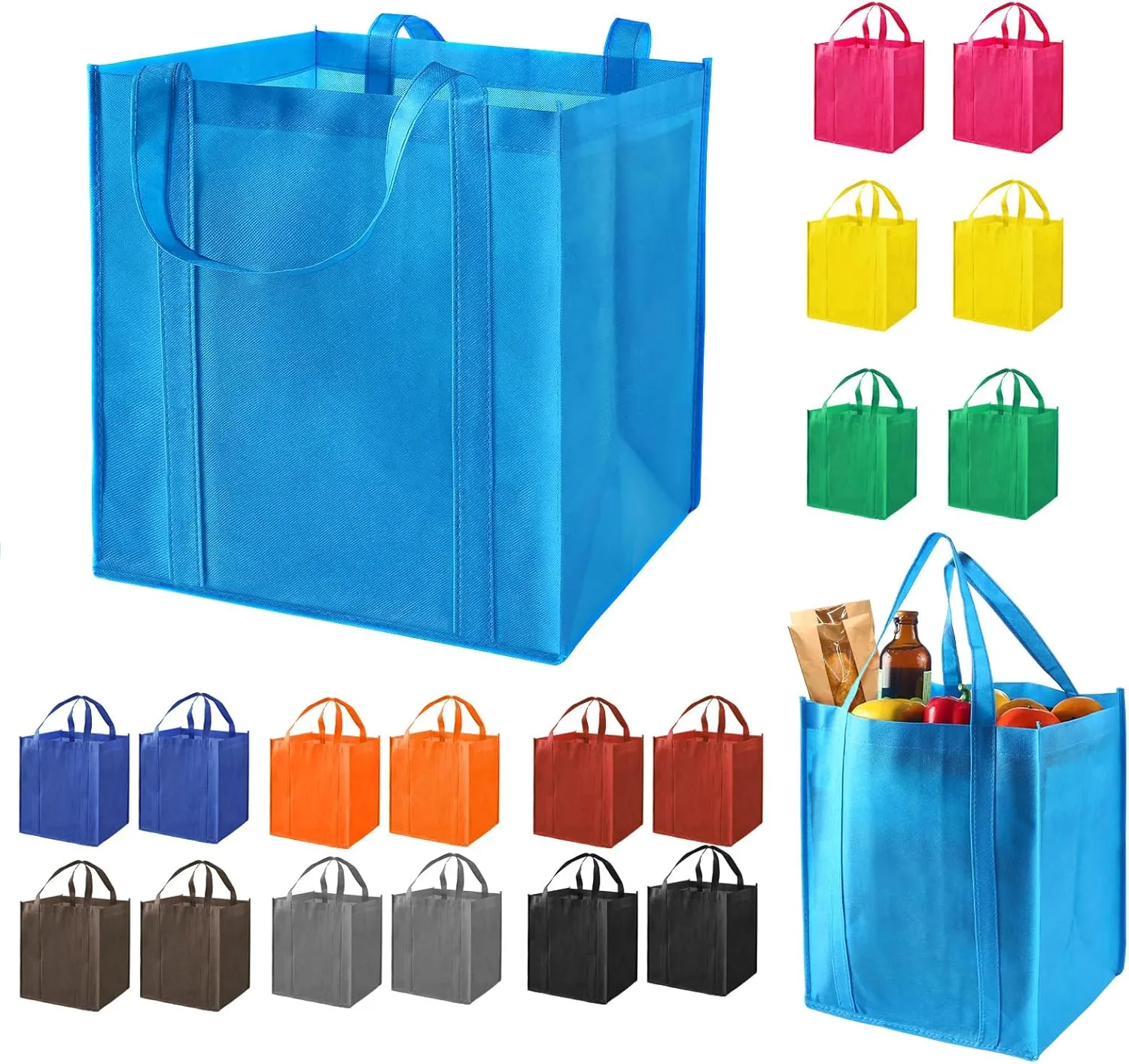 20 Pack Reusable Grocery Bags - Heavy Duty Large Shopping Totes with Reinforced Handles and Thick Plastic Bottom, 10 colors