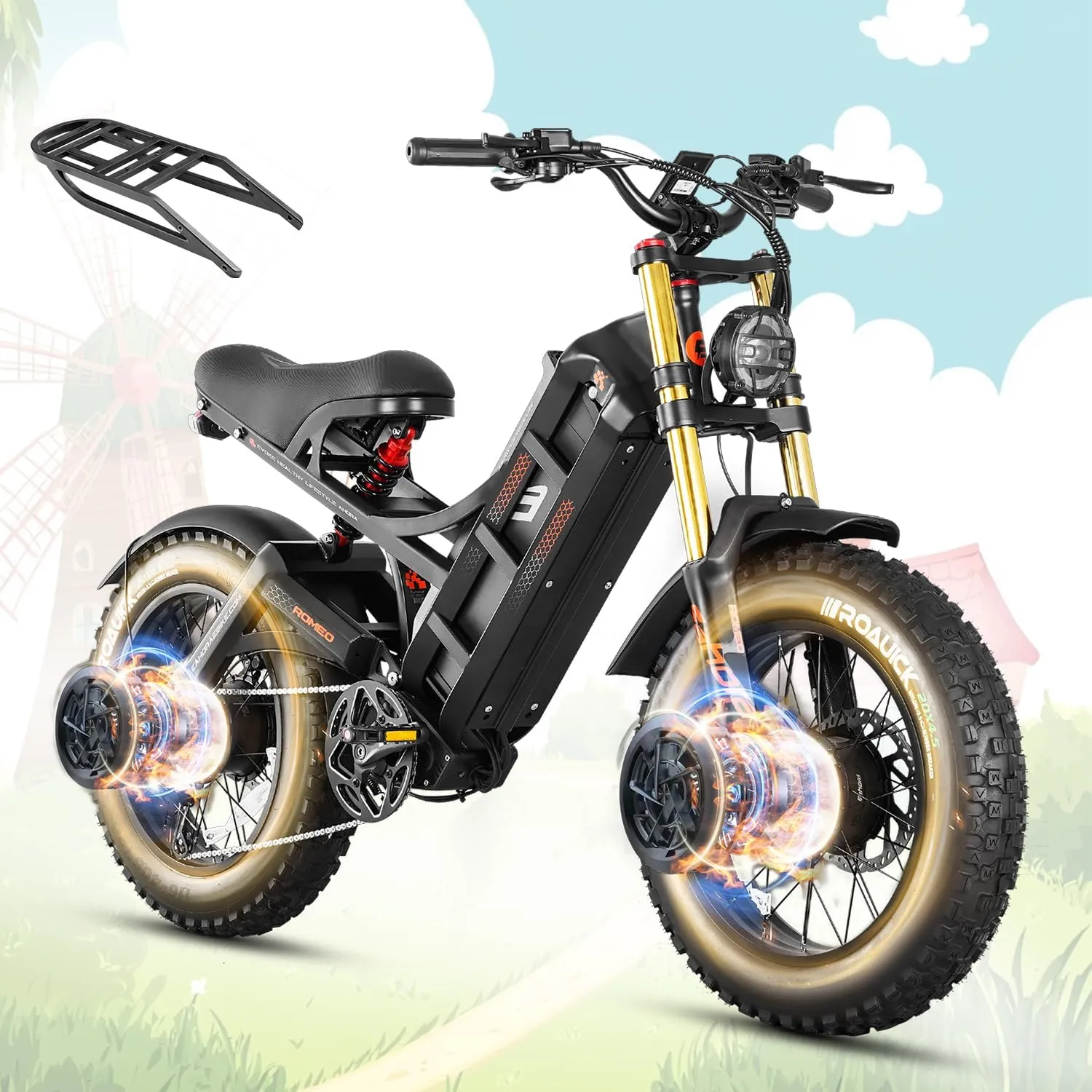 (2025 Version) Eahora Romeo II 2500W 40 MPH Electric Mountain Bike Dual Motor 52V 60AH Battery 200 Miles Long Range Electric Bike for Adults 20"*4.5" Fat Tire Full Suspension Off-Road EBike,UL2849