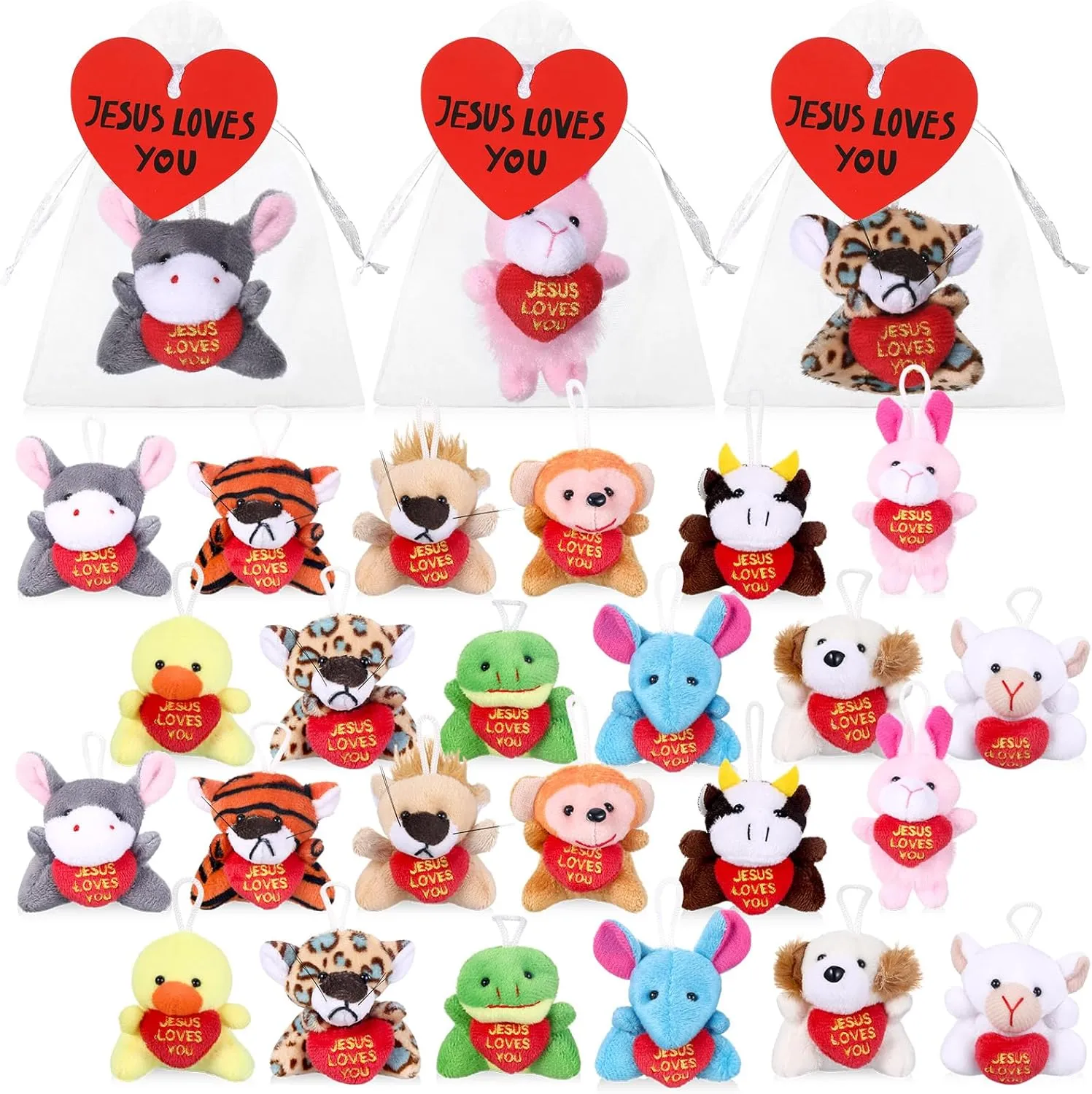 24 Packs Easter Jesus Loves You Mini Stuffed Animals Bulk Christian Small Animal Plush Toy Keychain with Cards and Bags for Baptism Sunday School Party Favors Basket Stuffers Gift Prizes