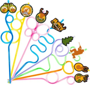 24 PCS Hunting Drinking Crazy Straws for Kids, Hunting Hunter Themed Birthday Party Supplies Favors Decorations with 24 PVC Bear Oh Deer Tree Green Animals Charm, 2 Cleaning Brushes Reusable Straw