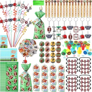 293 Pcs Football Party Favors with Ball Bracelets Mini Pinball Mini Bubble Wands Straws Keychains Badges Stickers Stamps Gift Bags Tags for Birthday Themed Party Sport Supplies