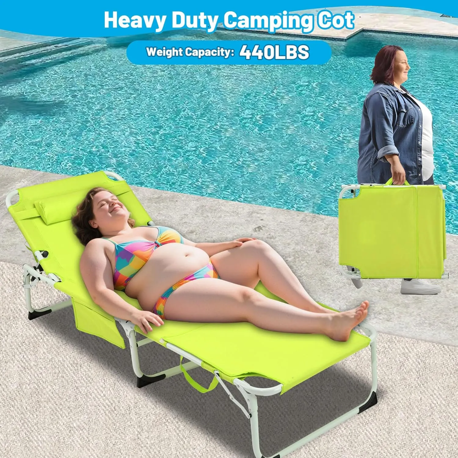 3-in-1 Tanning Chair with Face Hole Set of 2, Adjustable 5-Position, Green Folding Portable Lounger Chair for Outside, Laying Out Chairs for Tanning, Lay Flat Beach Lounge Chairs for Outdoor