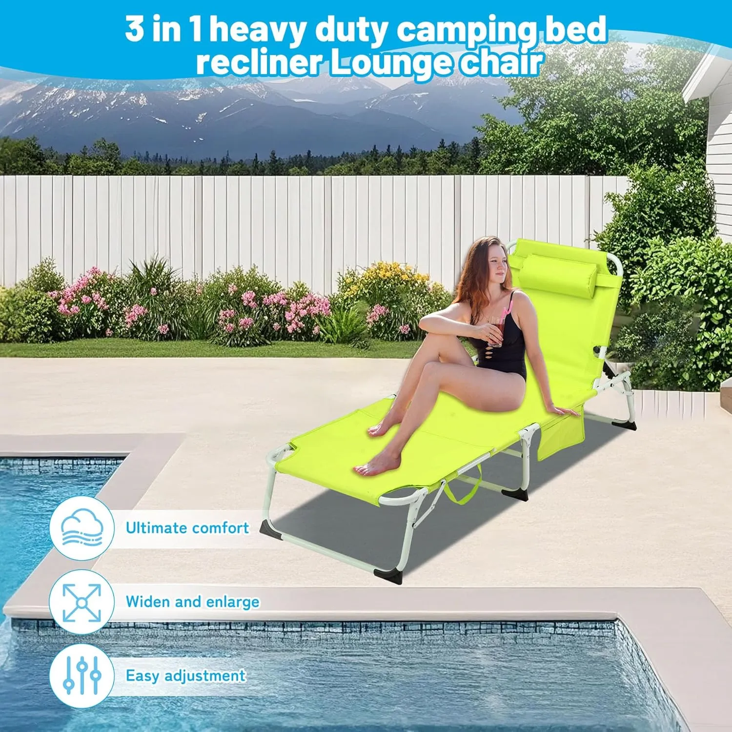 3-in-1 Tanning Chair with Face Hole Set of 2, Adjustable 5-Position, Green Folding Portable Lounger Chair for Outside, Laying Out Chairs for Tanning, Lay Flat Beach Lounge Chairs for Outdoor
