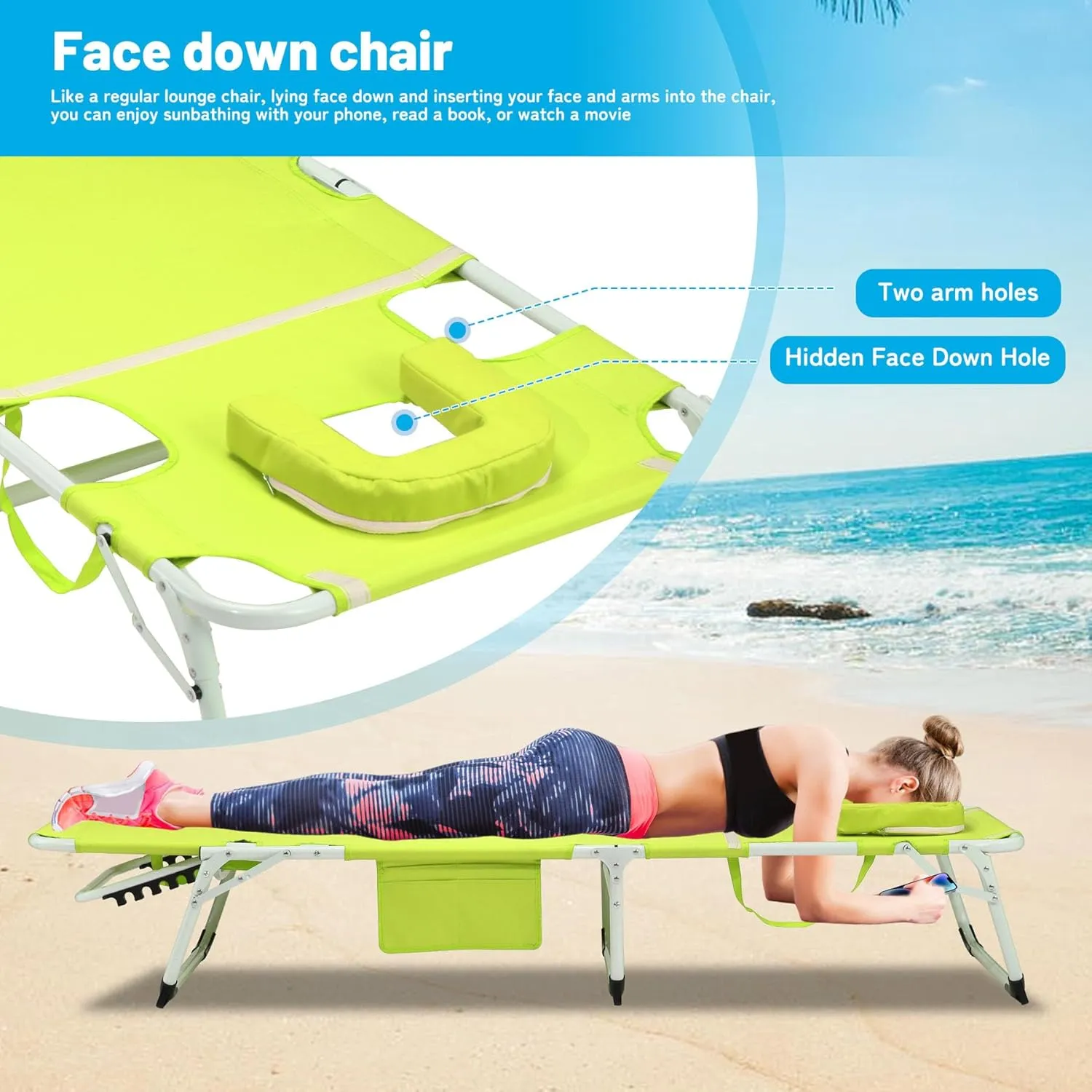 3-in-1 Tanning Chair with Face Hole Set of 2, Adjustable 5-Position, Green Folding Portable Lounger Chair for Outside, Laying Out Chairs for Tanning, Lay Flat Beach Lounge Chairs for Outdoor