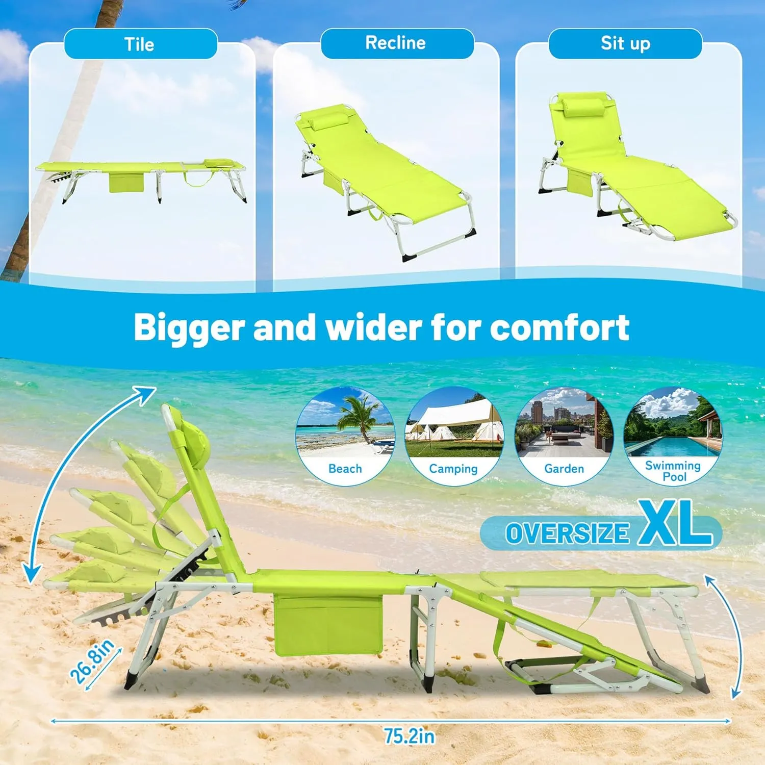 3-in-1 Tanning Chair with Face Hole Set of 2, Adjustable 5-Position, Green Folding Portable Lounger Chair for Outside, Laying Out Chairs for Tanning, Lay Flat Beach Lounge Chairs for Outdoor