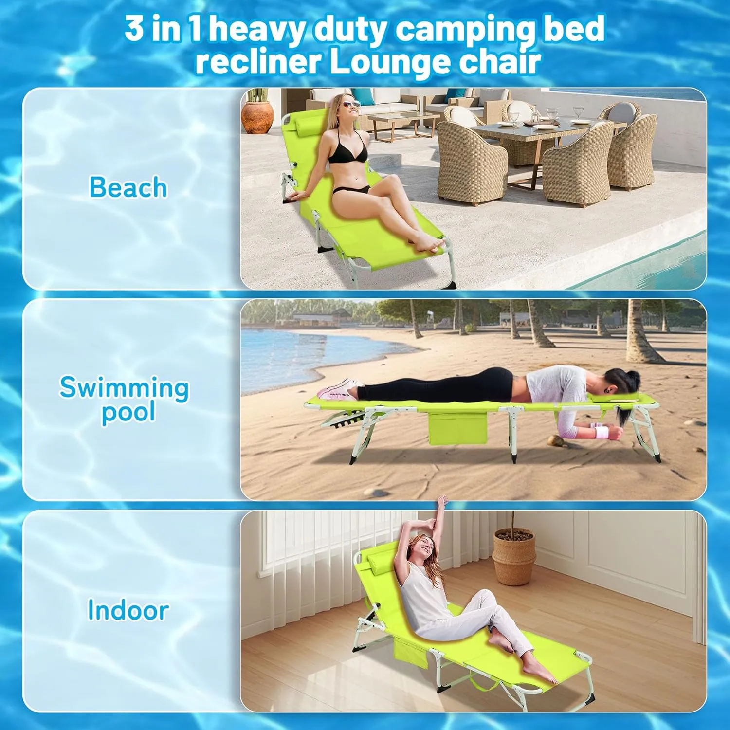 3-in-1 Tanning Chair with Face Hole Set of 2, Adjustable 5-Position, Green Folding Portable Lounger Chair for Outside, Laying Out Chairs for Tanning, Lay Flat Beach Lounge Chairs for Outdoor