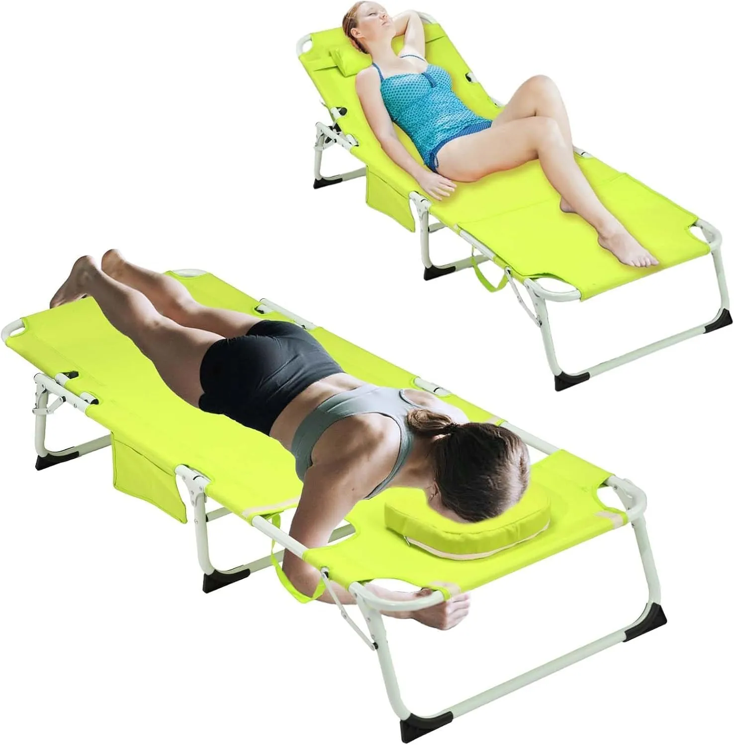 3-in-1 Tanning Chair with Face Hole Set of 2, Adjustable 5-Position, Green Folding Portable Lounger Chair for Outside, Laying Out Chairs for Tanning, Lay Flat Beach Lounge Chairs for Outdoor